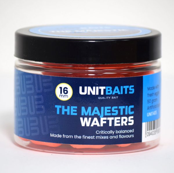 Wafters The Majestic van UNIT Baits staat garant voor kwalitatief hoogwaardig haakaas. Wij hebben voor ieder type boilies bijhorende wafters met dezelfde smaak. Deze wafters hebben een zeer subtiel drijfvermogen, zinken op een grote haak en zijn gekleurd, getopt met een flavour en hebben de vorm van een dumbell.