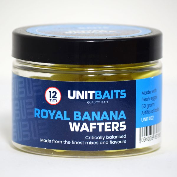 Wafters Royal Banana van UNIT Baits staat garant voor kwalitatief hoogwaardig haakaas. Wij hebben voor ieder type boilies bijhorende wafters met dezelfde smaak. Deze wafters hebben een zeer subtiel drijfvermogen, zinken op een grote haak en zijn gekleurd, getopt met een flavour en hebben de vorm van een dumbell.