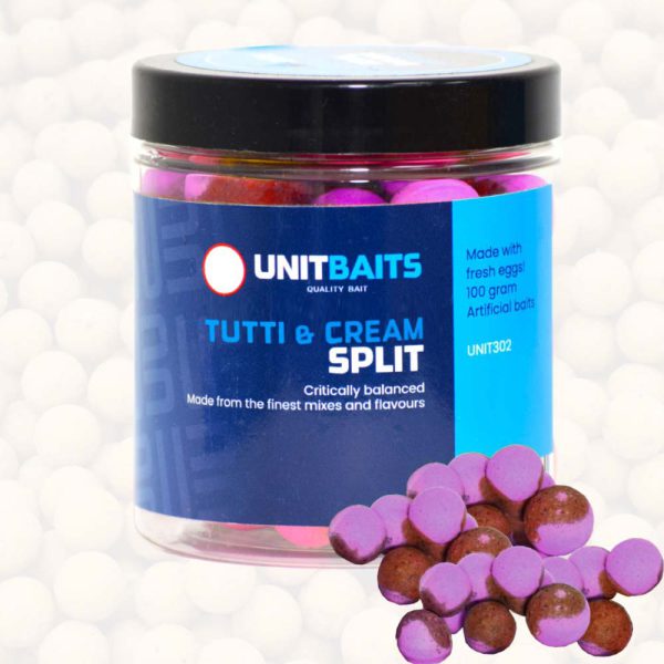 Split Tutti & Cream van UNIT Baits staat garant voor kwalitatief hoogwaardig haakaas. Wij hebben voor ieder type boilies bijhorende splits met dezelfde smaak. Splits zijn gemaakt uit boilie deeg en pop-up deeg. Hierdoor is het soortelijk gewicht lager, komt de bol iets van de bodem en zorgt voor een visuele prikkel onderwater.