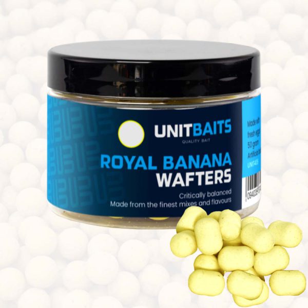 Wafters Royal Banana van UNIT Baits staat garant voor kwalitatief hoogwaardig haakaas. Wij hebben voor ieder type boilies bijhorende wafters met dezelfde smaak. Deze wafters hebben een zeer subtiel drijfvermogen, zinken op een grote haak en zijn gekleurd, getopt met een flavour en hebben de vorm van een dumbell.