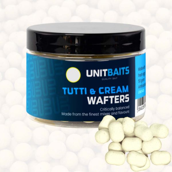 Wafters Tutti & Cream van UNIT Baits staat garant voor kwalitatief hoogwaardig haakaas. Wij hebben voor ieder type boilies bijhorende wafters met dezelfde smaak. Deze wafters hebben een zeer subtiel drijfvermogen, zinken op een grote haak en zijn gekleurd, getopt met een flavour en hebben de vorm van een dumbell.